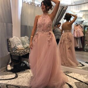 Elegant Pink Lace Evening Gown